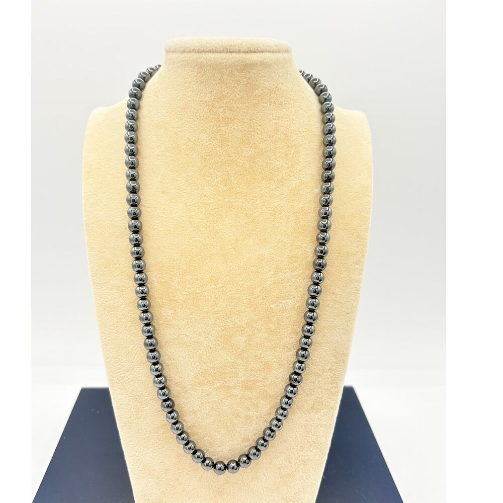 Vintage Hematite Bead Necklace with Gold Hook Clasp • Polished Minimalist Strand